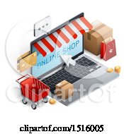 3d Laptop Computer With An Online Shop Message Credit Cards Cart And Boxes