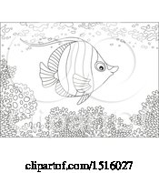 Clipart Of A Black And White Marine Fish At A Reef Royalty Free Vector Illustration