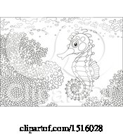 Clipart Of A Black And White Seahorse At A Reef Royalty Free Vector Illustration
