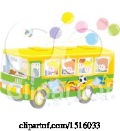 Clipart Of A School Bus With Children A Bird And Ballonos Royalty Free Vector Illustration by Alex Bannykh