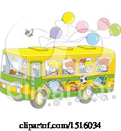 Poster, Art Print Of School Bus With Children A Bird And Ballonos