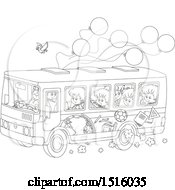 Poster, Art Print Of Black And White School Bus With Children A Bird And Ballonos
