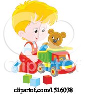 Poster, Art Print Of Little Caucasian Boy Playing With A Toy Dump Truck Teddy Bear And Blocks