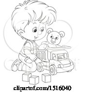 Poster, Art Print Of Black And White Little Boy Playing With A Toy Dump Truck Teddy Bear And Blocks