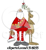 Cartoon Christmas Santa Claus And Reindeer Under The Mistletoe