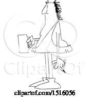 Clipart Of A Cartoon Black And White Caveman Smoking A Cigarette And Drinking Coffee Royalty Free Vector Illustration