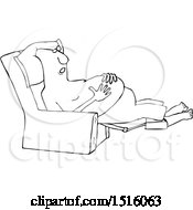 Clipart Of A Cartoon Black And White Shirtless Man Sleeping In A Recliner Chair Resting His Hands On His Belly Royalty Free Vector Illustration