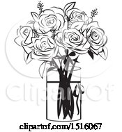Clipart Of A Black And White Rose Boquet In A Vase Royalty Free Vector Illustration