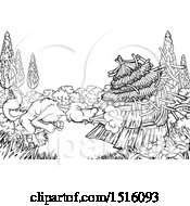 Poster, Art Print Of Black And White Big Bad Wolf Blowing Down A Straw House