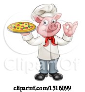 Clipart Of A Full Length Chef Pig Gesturing Perfect And Holding A Pizza Royalty Free Vector Illustration