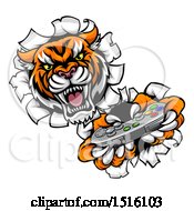 Poster, Art Print Of Tiger Mascot Playing A Video Game And Breaking Through A Wall