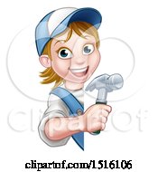 Poster, Art Print Of Cartoon Happy White Female Carpenter Holding A Hammer Around A Sign