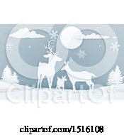 Paper Craft Styled Deer Family With Snowflakes At Night