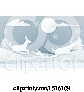 Poster, Art Print Of Paper Craft Styled Deer Family With Snowflakes At Night