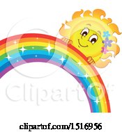 Clipart Of A Sun Character And Rainbow Royalty Free Vector Illustration