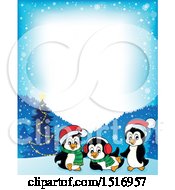 Clipart Of A Border Of A Christmas Tree And Penguins Royalty Free Vector Illustration