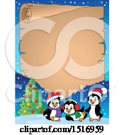Clipart Of A Parchment Scroll Border Of A Christmas Tree And Penguins Royalty Free Vector Illustration by visekart