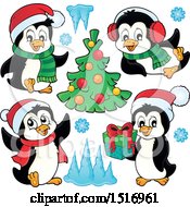 Poster, Art Print Of Christmas Tree And Penguins With Snowflakes And Ice