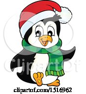 Poster, Art Print Of Christmas Penguin Wearing A Scarf And Santa Hat