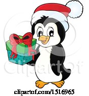 Poster, Art Print Of Christmas Penguin Wearing A Santa Hat And Holding A Gift