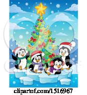 Clipart Of A Christmas Tree And Penguins Royalty Free Vector Illustration