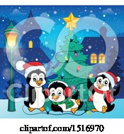 Clipart Of A Christmas Tree And Penguins Royalty Free Vector Illustration