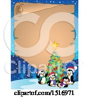 Poster, Art Print Of Parchment Scroll Border Of A Christmas Tree And Penguins