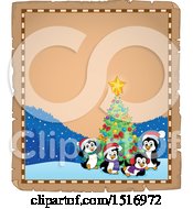 Clipart Of A Parchment Border Of A Christmas Tree And Penguins Royalty Free Vector Illustration