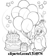 Clipart Of A Black And White Party Penguin With Balloons And Gifts Royalty Free Vector Illustration