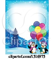 Clipart Of A Border Of Party Penguins With Balloons Royalty Free Vector Illustration