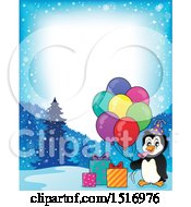 Poster, Art Print Of Border Of Party Penguins With Balloons And Gifts