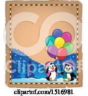 Clipart Of A Parchment Border Of Party Penguins With Balloons And Gifts Royalty Free Vector Illustration