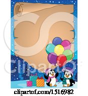 Poster, Art Print Of Parchment Border Of Party Penguins With Balloons And Gifts