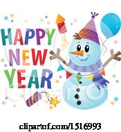Poster, Art Print Of Happy New Year Greeting By A Snowman With A Firework And Balloons
