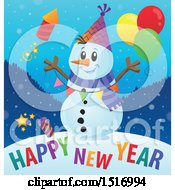 Poster, Art Print Of Happy New Year Greeting Under A Snowman With A Firework And Balloons