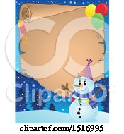 Poster, Art Print Of Parchment Scroll Border Of A Snowman With A Firework And Balloons