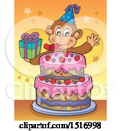 Clipart Of A Birthday Party Monkey Holding A Gift Over A Cake Royalty Free Vector Illustration