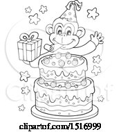 Clipart Of A Black And White Birthday Party Monkey Holding A Gift Over A Cake Royalty Free Vector Illustration