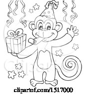 Clipart Of A Black And White Birthday Party Monkey Holding A Gift Royalty Free Vector Illustration