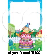 Clipart Of A Border Of A Birthday Party Monkey Holding A Gift Over A Cake Royalty Free Vector Illustration