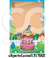 Clipart Of A Parchment Scroll With A Birthday Party Monkey Holding A Gift Over A Cake Royalty Free Vector Illustration