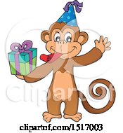 Clipart Of A Birthday Party Monkey Holding A Gift Royalty Free Vector Illustration by visekart