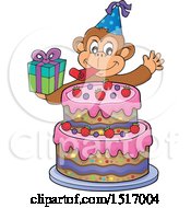 Clipart Of A Birthday Party Monkey Holding A Gift Over A Cake Royalty Free Vector Illustration by visekart