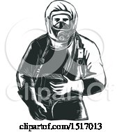 Paramedic In A Hazmat Suit In Black And White Woodcut