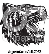 Poster, Art Print Of Tiger Head Roaring In Black And White Woodcut