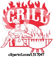 Clipart Of A Red Male Chef Carrying And Alligator To A Football Shaped Bbq Under Grill Text Flames Royalty Free Vector Illustration