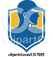 Clipart Of A Profiled Male Worker Wearing A Hat In A Shield Royalty Free Vector Illustration
