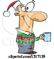 Clipart Of A Cartoon Guy Wearing A Christmas Sweater And Santa Hat And Holding A Coffee Cup At A Party Royalty Free Vector Illustration by toonaday
