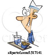 Cartoon White Fast Food Worker Guy With A Tray Of Food At A Counter