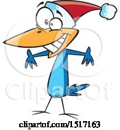 Clipart Of A Cartoon Christmas Blue Bird Wearing A Santa Hat Royalty Free Vector Illustration
